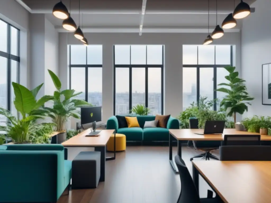 Coworking moderno y luminoso: espacio dinámico y productivo Espacios coworking mercado inmobiliario: Oficina moderna y luminosa con diseño contemporáneo, plantas verdes y profesionales colaborando
