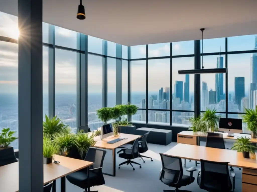 Espacio de coworking moderno con vistas a la ciudad Espacios coworking mercado inmobiliario: Oficina moderna con vista a la ciudad llena de profesionales colaborando en un ambiente creativo y productivo
