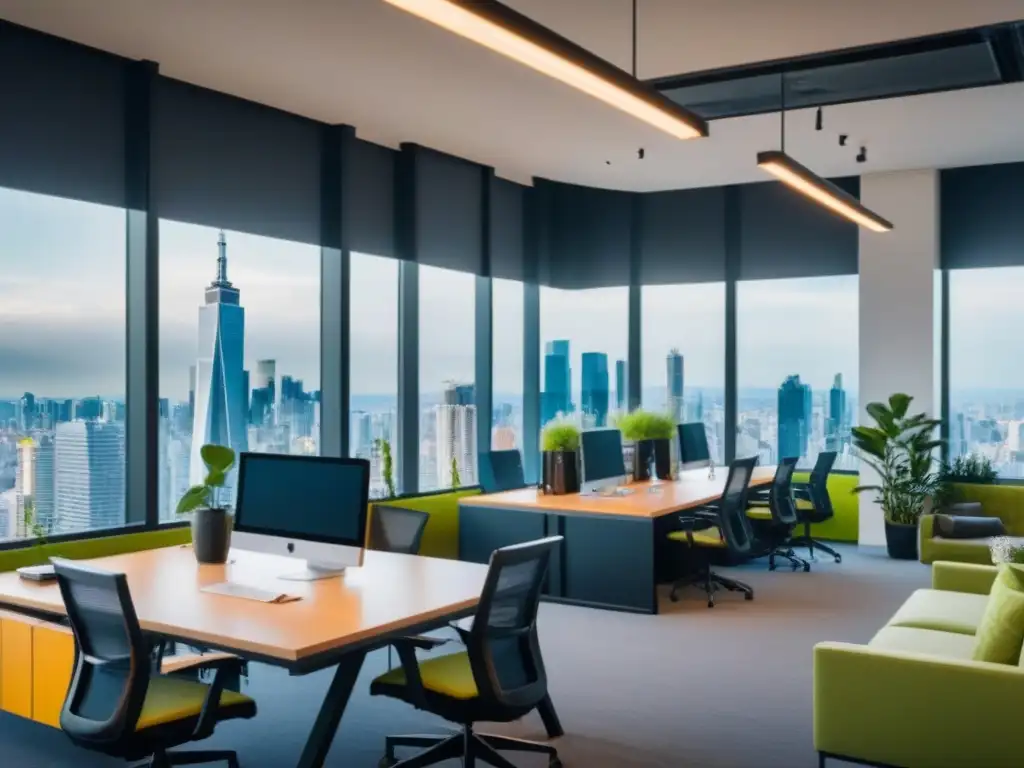 Innovador espacio de coworking con vista panorámica en ciudad vibrante Espacios coworking mercado inmobiliario: Oficina moderna con profesionales trabajando en estaciones de trabajo de alta tecnología, rodeados de ventanas panorámicas y mobiliario contemporáneo, creando un ambiente dinámico e inspirador