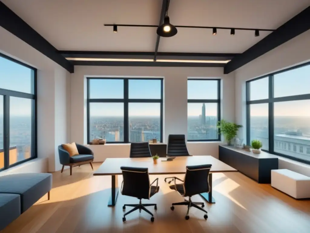 Inspirador coworking con diseño minimalista y profesionales colaborando Espacios de coworking rentabilidad inversión: Profesionales colaborando en un ambiente armonioso con muebles minimalistas y ventanas amplias
