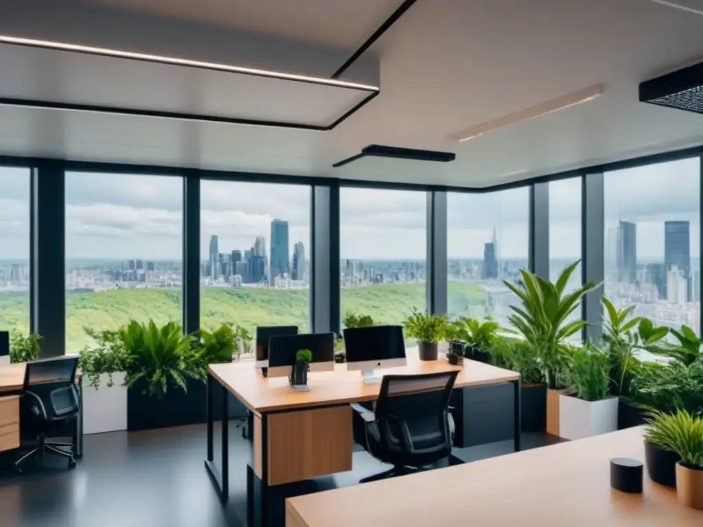 Espacio de coworking moderno: colaboración e innovación en la ciudad Espacios coworking rentables estrategias éxito: Profesionales colaborando en moderno ambiente con diseño minimalista y vista urbana