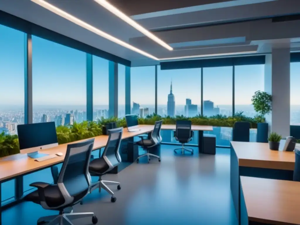 Espacio de coworking futurista postpandemia: diseño avanzado con toques naturales y vista panorámica de la ciudad Espacios de coworking postpandemia con tecnología avanzada, vegetación y vista panorámica urbana
