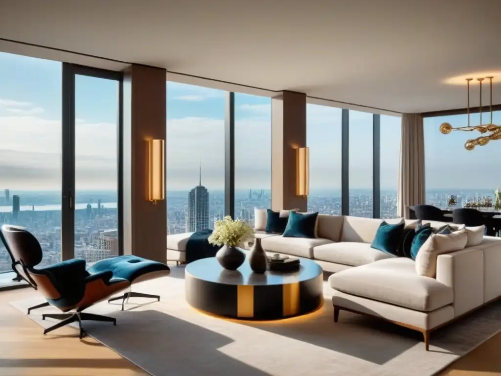Penthouse de lujo con vista a la ciudad y diseño moderno Espacios multifuncionales en arquitectura: Lujoso salón moderno en penthouse de alta gama, con diseño elegante y vistas urbanas