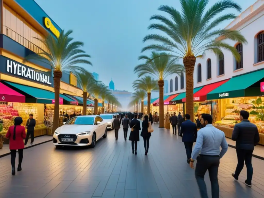 Escena vibrante de tiendas internacionales en calle comercial Invertir en espacios de retail internacionales: Calles comerciales vibrantes con tiendas modernas y multiculturales