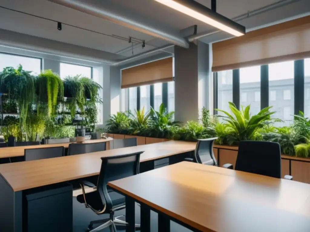 Oficina ecológica: diseño moderno y sostenible en armonía con la naturaleza Espacios de trabajo ecoamigables rentables: Oficina moderna con plantas, luz natural y prácticas sostenibles