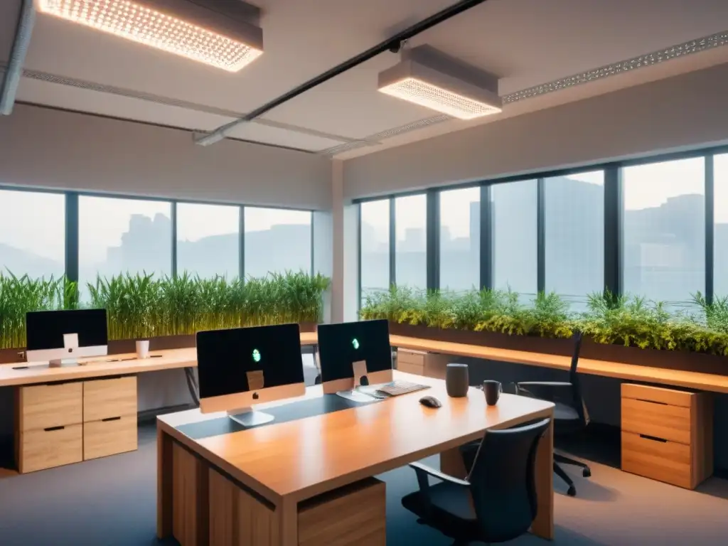 Oficina ecológica moderna: naturaleza y tecnología en armonía Espacios de trabajo ecoamigables rentables con diseño moderno y natural, muebles de bambú y empleados colaborando con materiales sostenibles