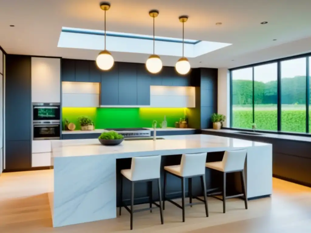 Cocina de lujo con mármol blanco y vistas al jardín Espaciosa cocina moderna renovada con elegantes encimeras de mármol blanco y electrodomésticos de acero inoxidable de última generación
