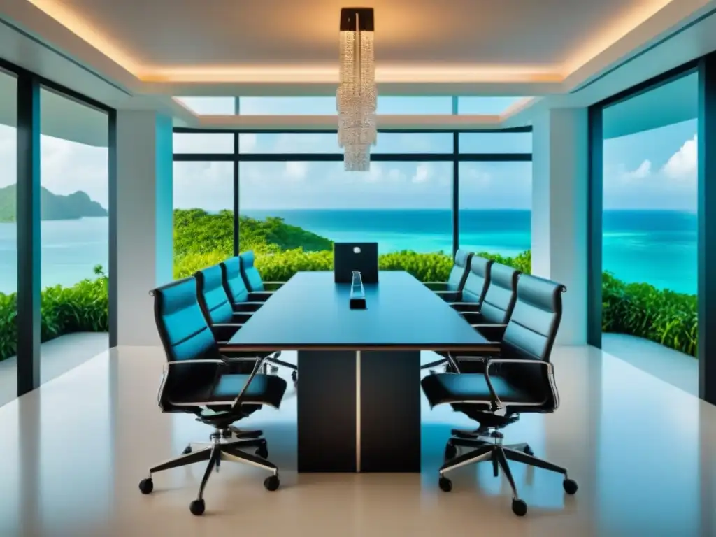 Sala de conferencias de lujo con vistas a isla privada Espaciosa sala de conferencias con vista a isla privada, ideal para negociar precio compra isla privada