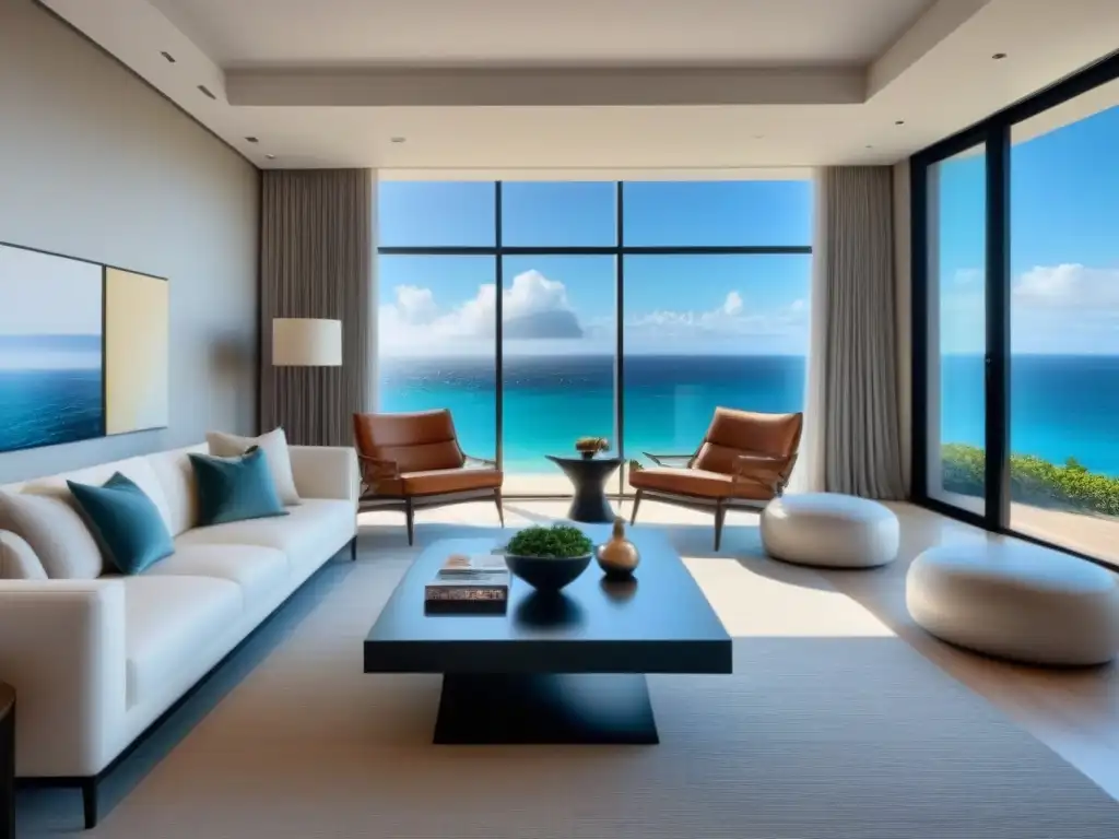 Salón de lujo con vista al mar y contrato de tiempo compartido Espaciosa sala de estar moderna con vista al mar, arte contemporáneo y mesa de café de vidrio con revistas de viaje y contrato de tiempo compartido