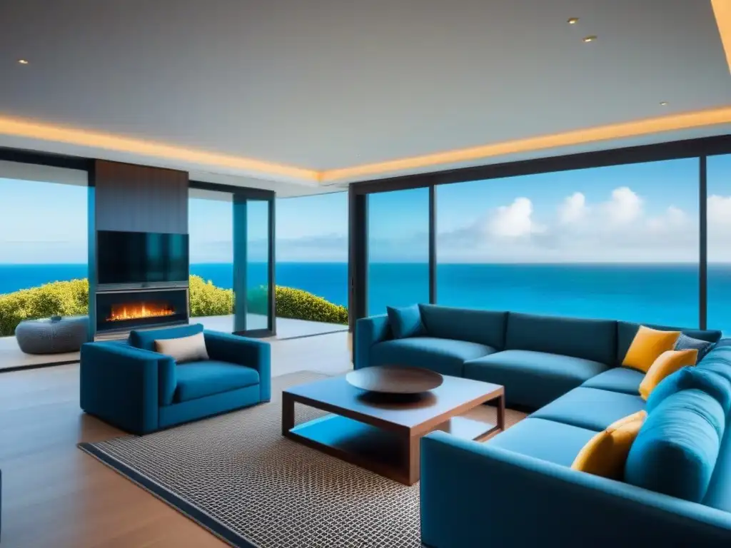 Salón de lujo en villa de lujo con vistas al mar Espacioso salón de lujo en villa de tiempo compartido, con muebles contemporáneos y vista al mar