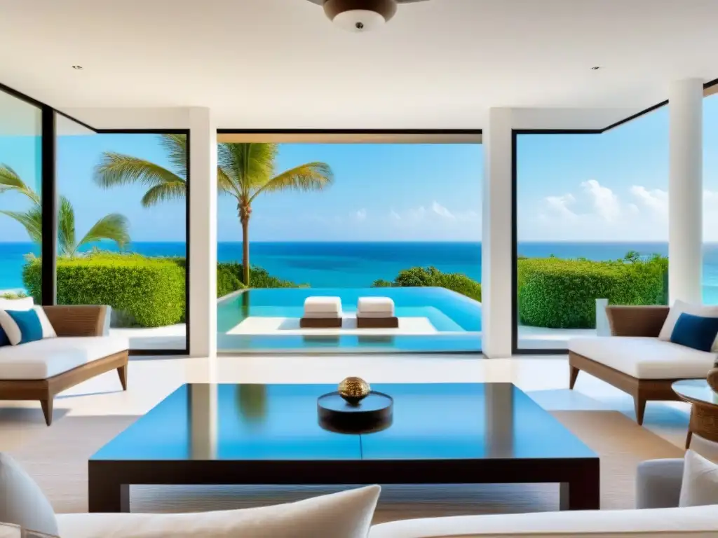Sala de estar moderna con vista a la piscina y decoración de lujo Espacioso salón moderno con piscina cristalina y vegetación exuberante