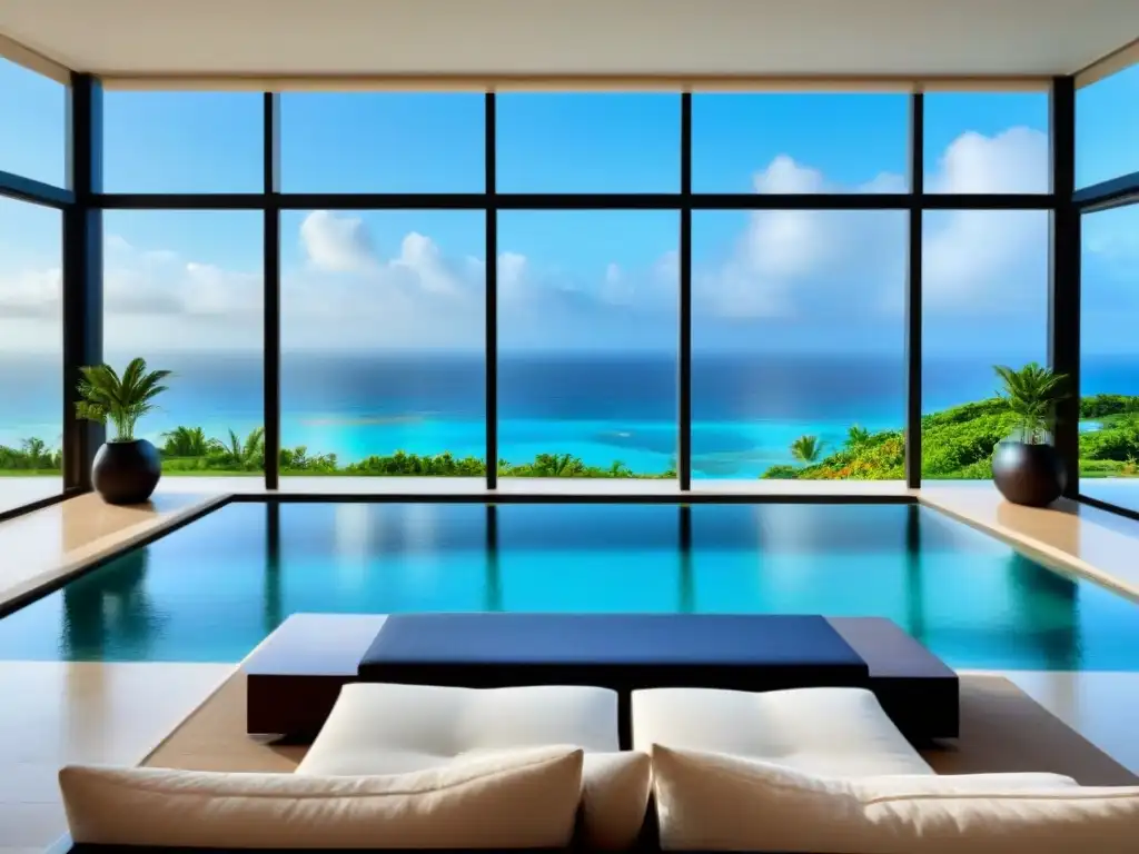 Sala de estar de lujo en paraíso tropical con piscina infinita Espacioso salón moderno en resort tropical con piscina y vista al mar para consejos gestión financiera tiempo compartido