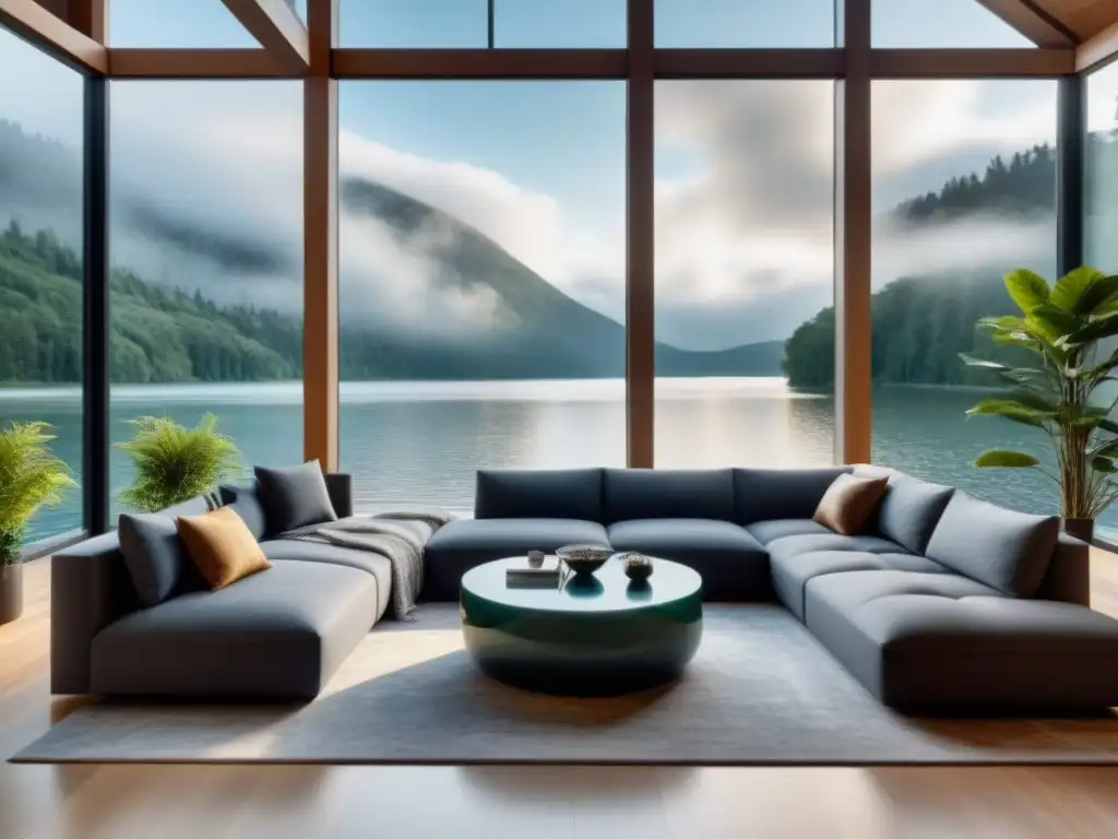 Sala de estar de lujo con vista al lago en residencia norteamericana Espacioso salón moderno en segunda residencia de Norteamérica, con vista al lago y bosque