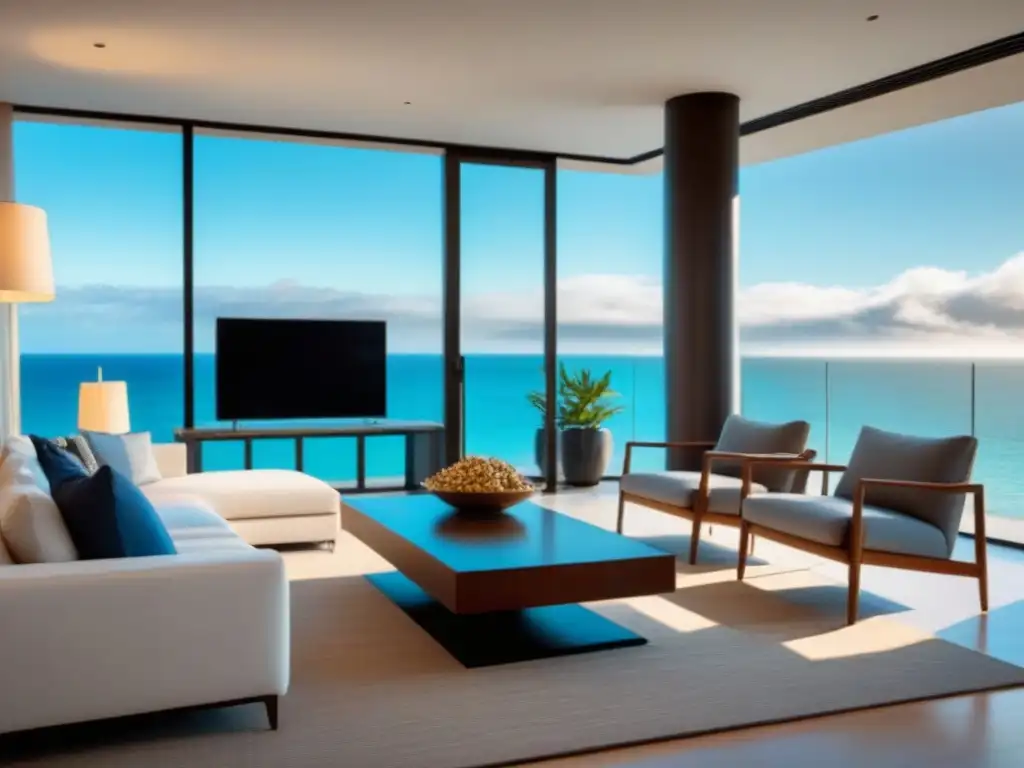 Salón moderno frente al mar: lujo y elegancia en un paraíso vacacional Espacioso salón moderno en tiempo compartido de lujo frente al mar
