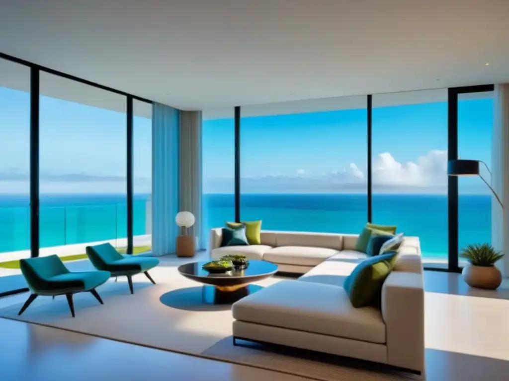 Sala de estar moderna de lujo en timeshare frente a la playa Espacioso salón moderno en tiempo compartido frente al mar, con vistas panorámicas, mobiliario de diseñador y cocina abierta de mármol