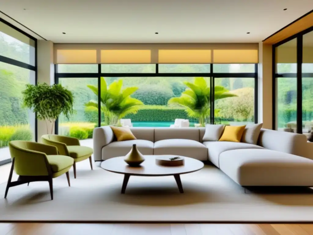 Salón moderno bañado por la luz del sol con diseño elegante y vistas al jardín Espacioso salón moderno con ventanales al jardín, mobiliario contemporáneo y paleta de colores suaves