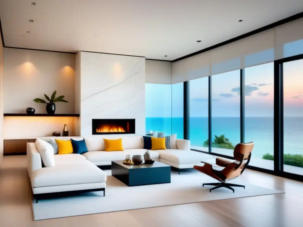 Salón de lujo con vista a la playa: elegancia contemporánea y serenidad Espacioso salón moderno con vista a la playa, muebles elegantes y arte en las paredes, ideal para relajarse en propiedad compartida