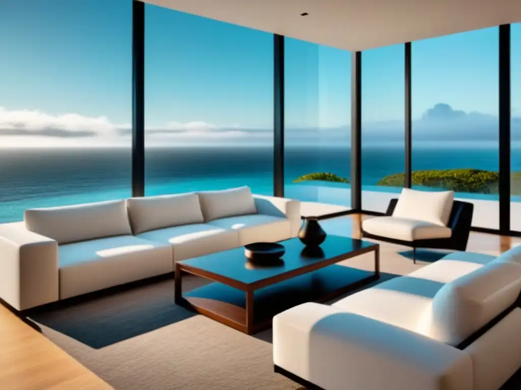 Salón de lujo con vistas al mar y diseño contemporáneo Espacioso salón moderno con vista al mar, muebles contemporáneos y decoración elegante