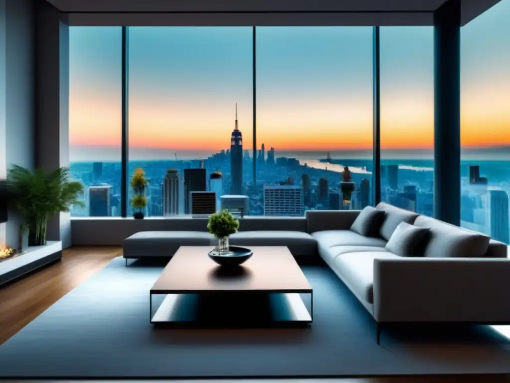 Salón moderno de lujo con vista a la ciudad en 8k Espacioso salón moderno con vista a la ciudad, muebles elegantes y decoración sofisticada