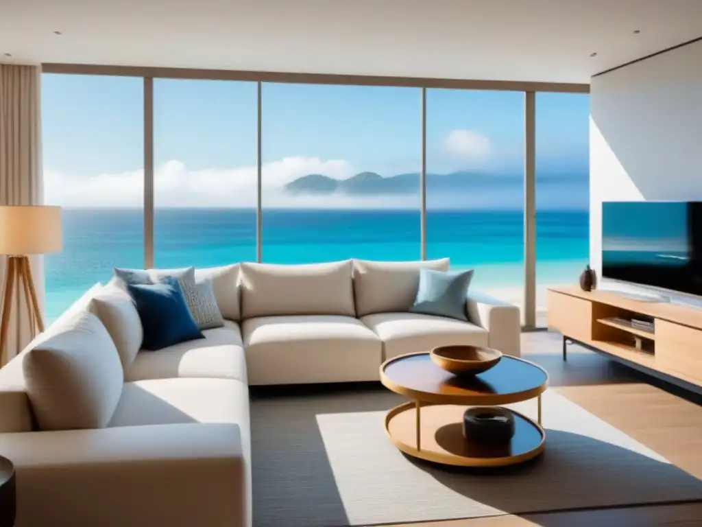 Sofisticada sala de estar junto al mar en timeshare Espacioso salón moderno con vista a la playa en tiempo compartido, decorado con estilo costero