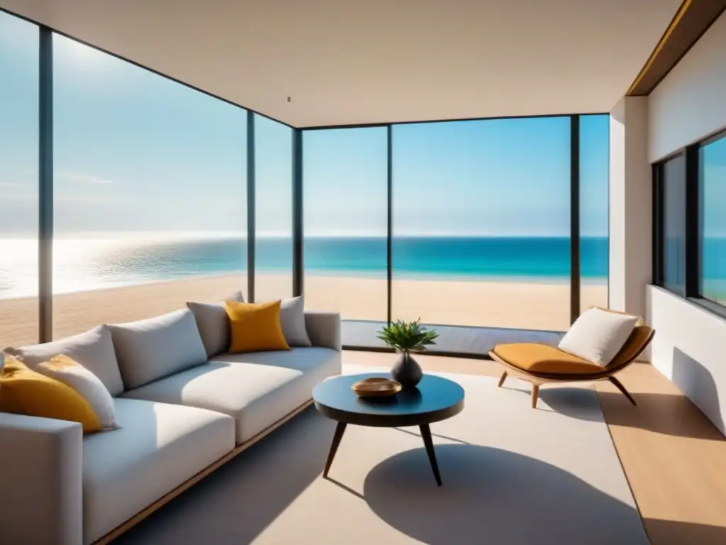 Espléndido living con vista a la playa en propiedad de lujo Espacioso salón moderno con vista a la playa, decoración minimalista en propiedad de tiempo compartido