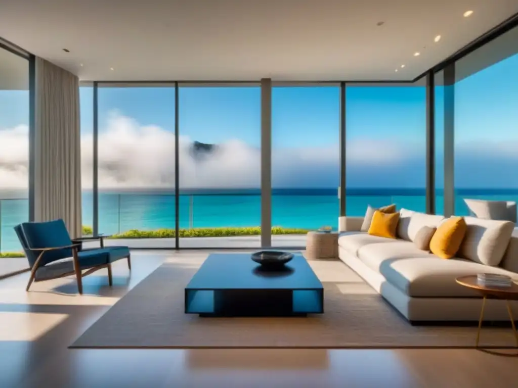 Salón de lujo con vista a la playa y decoración contemporánea Espacioso salón moderno con vista a la playa, muebles contemporáneos y arte vibrante, ideal para técnicas persuasión compradores tiempo compartido