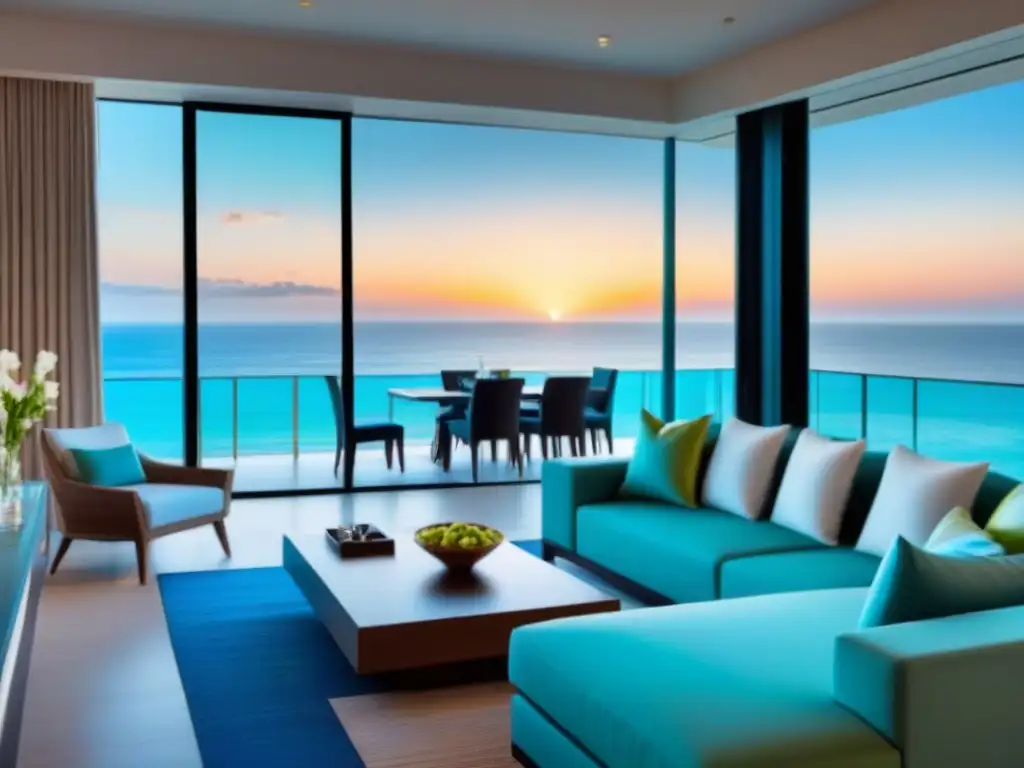 Sala de estar de lujo en resort frente al mar: elegante y contemporánea Espacioso salón moderno con vista al mar en resort de tiempo compartido