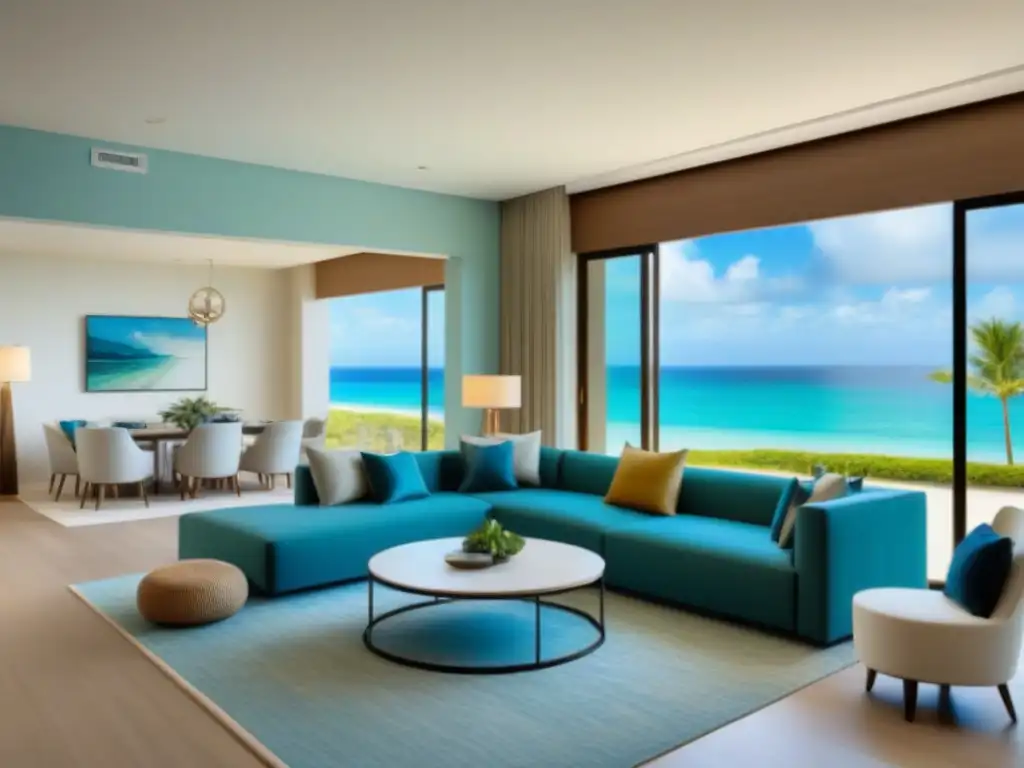 Salón de lujo en propiedad compartida frente a la playa Espacioso salón moderno con vista a la playa, mobiliario elegante y decoración sofisticada