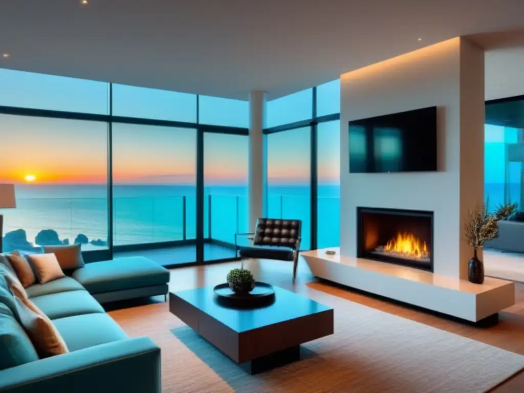 Salón de lujo con vista al mar y arte abstracto vibrante Espacioso salón moderno con vista al mar, ideal para cerrar venta tiempo compartido