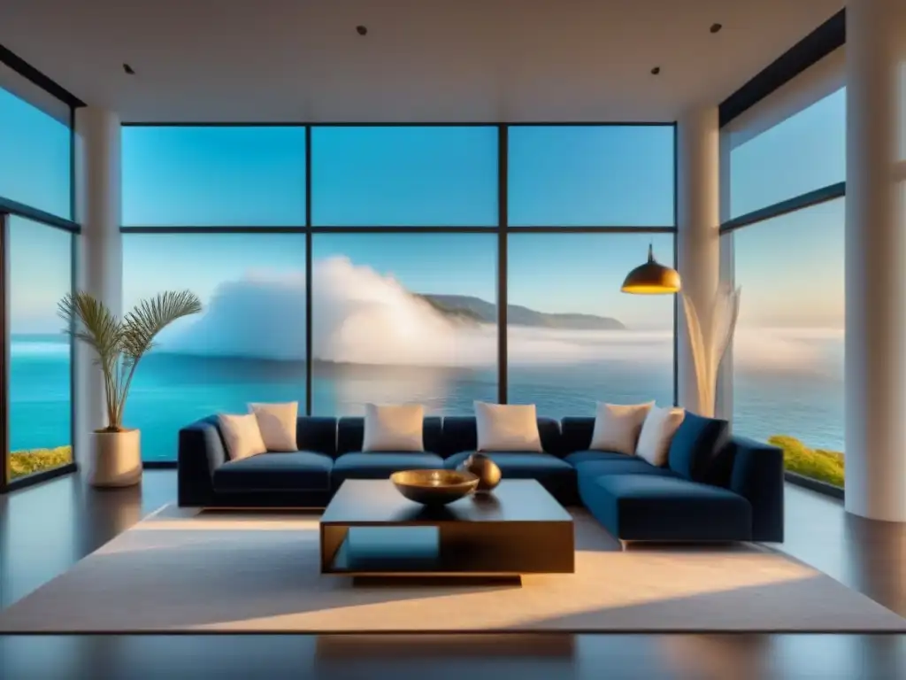Salón moderno de lujo con vista al mar y reloj de pared elegante Espacioso salón moderno con vista al mar, reloj elegante en la pared, ideal para hablar de consejos para fijar precio