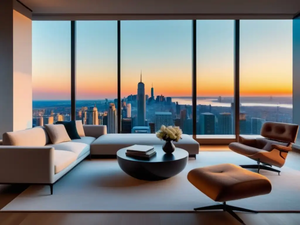 Salón moderno con vista panorámica: lujo y elegancia en 8k Espacioso salón moderno con vista panorámica de la ciudad, decorado con elegancia