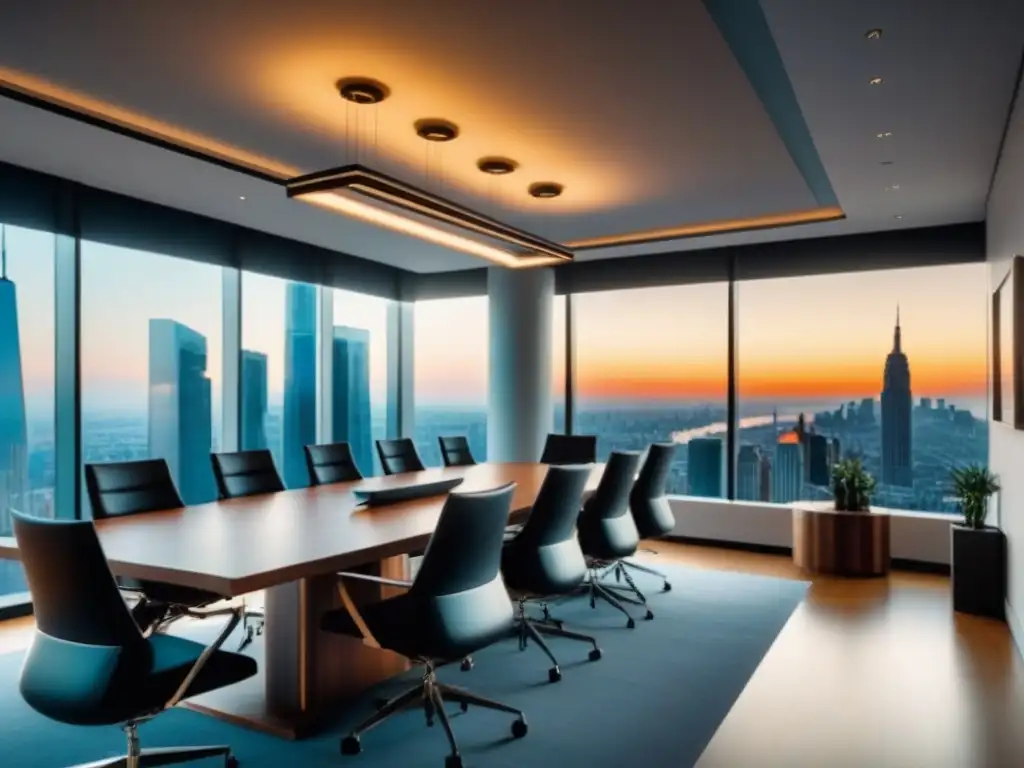 Sala de juntas de lujo con vista panorámica a la ciudad Espacioso salón de reuniones moderno y lujoso con vista panorámica a la ciudad, ideal para la valoración de propiedades en fusiones