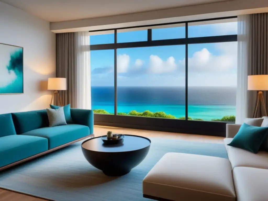 Espacio renovado de lujo con vista al mar en living Espacioso salón de tiempo compartido renovado con elegante decoración y vista al mar, ideal para estrategias renovación tiempo compartido