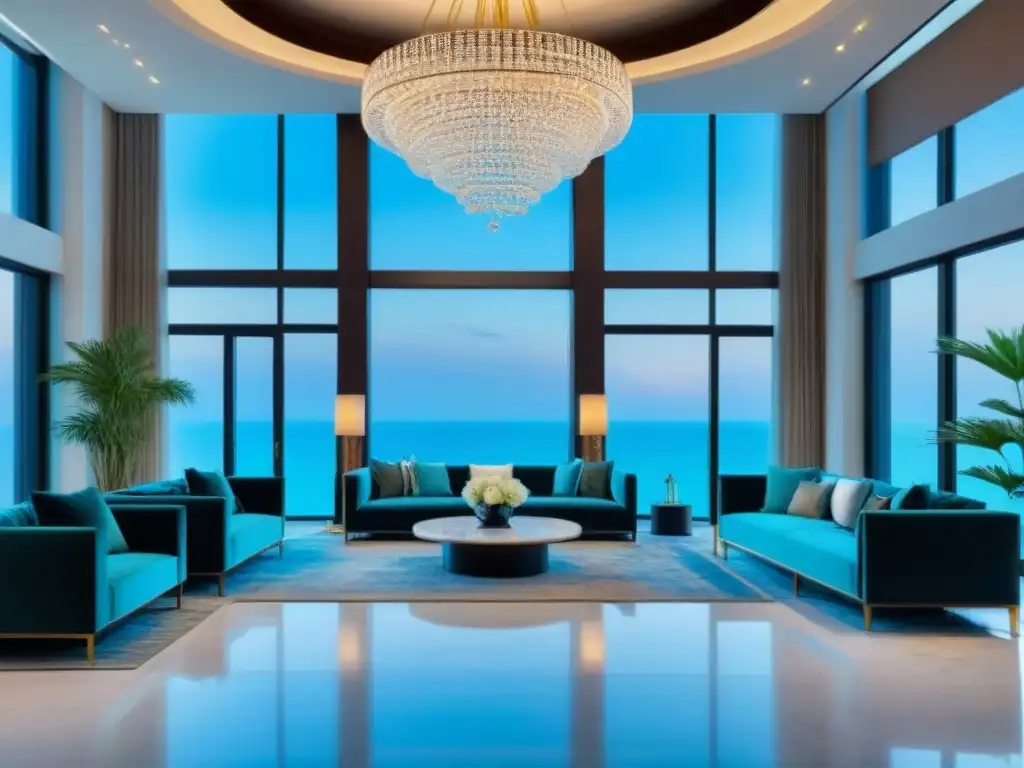 Exclusivo lobby de resort con vista al mar turquesa Espacioso vestíbulo de resort de lujo con vista al mar turquesa, sofisticado y acogedor