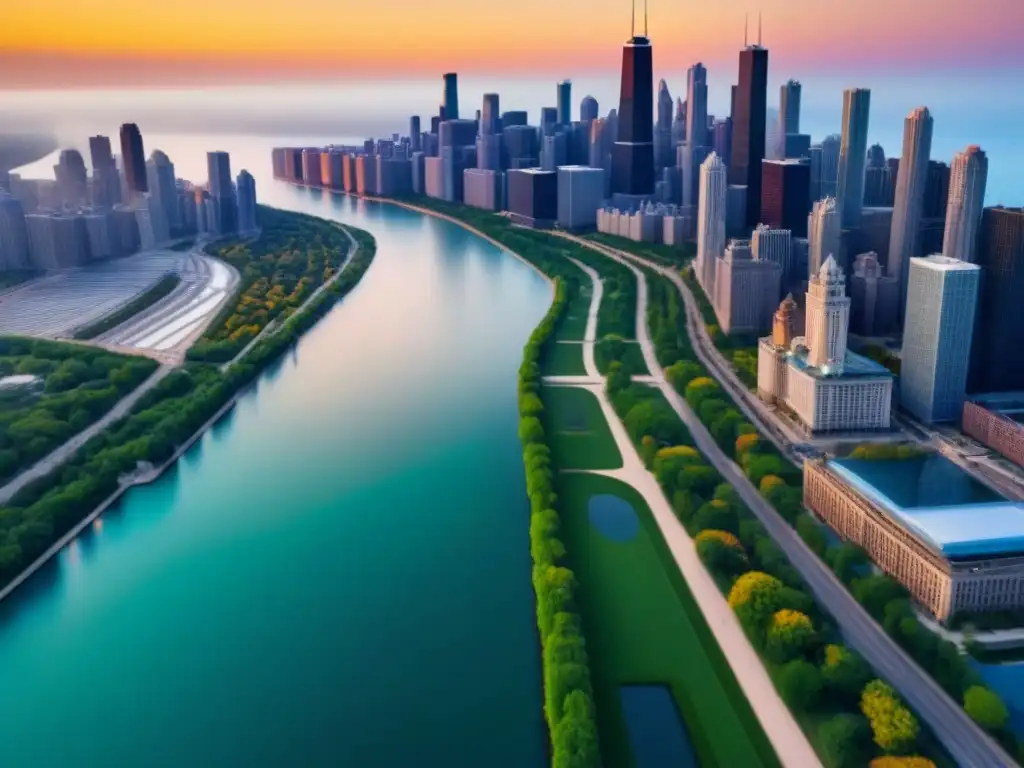 Horizonte de Chicago al atardecer: inversión inmobiliaria en la ciudad Espectacular atardecer en Chicago, mostrando la fusión de arquitectura histórica y moderna a lo largo del río