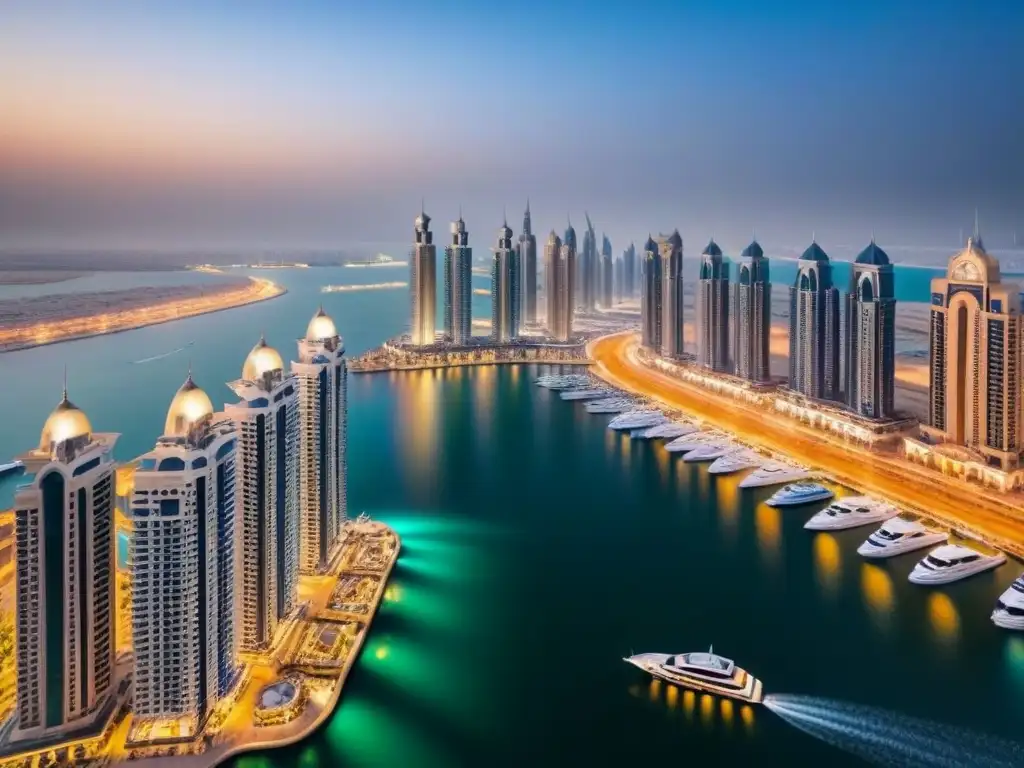 Espléndida vista aérea de la Marina de Dubái al atardecer Espectacular atardecer en Dubai Marina con la icónica Torre Cayan, yates de lujo y luces de la ciudad reflejadas en el agua