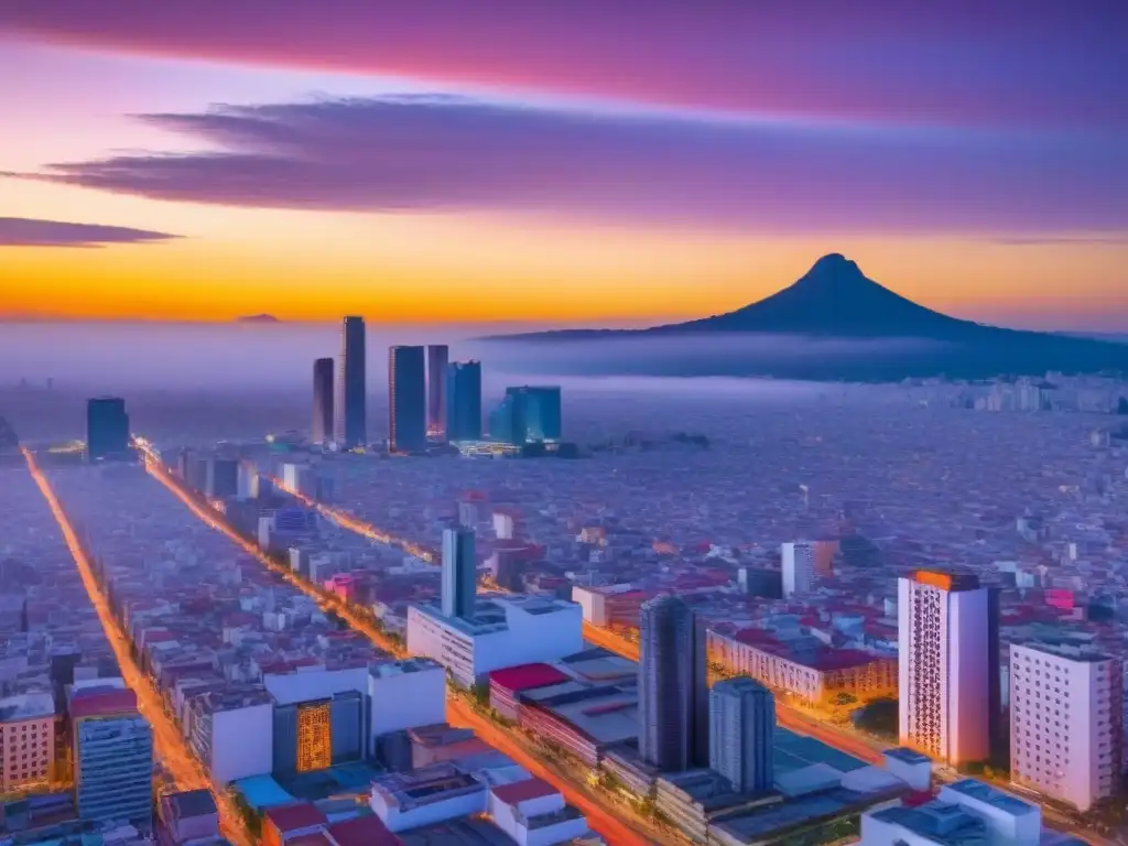 Horizonte moderno de México: atardecer en 8k Espectacular atardecer en la moderna Ciudad de México, con rascacielos reflejando el sol y la emblemática Torre Latinoamericana