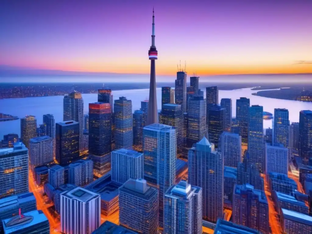 Espectacular atardecer en Toronto: skyline con la CN Tower destacada en 8k Espectacular atardecer en Toronto con la icónica CN Tower y modernos rascacielos, reflejando el vibrante mercado inmobiliario internacional Canadá
