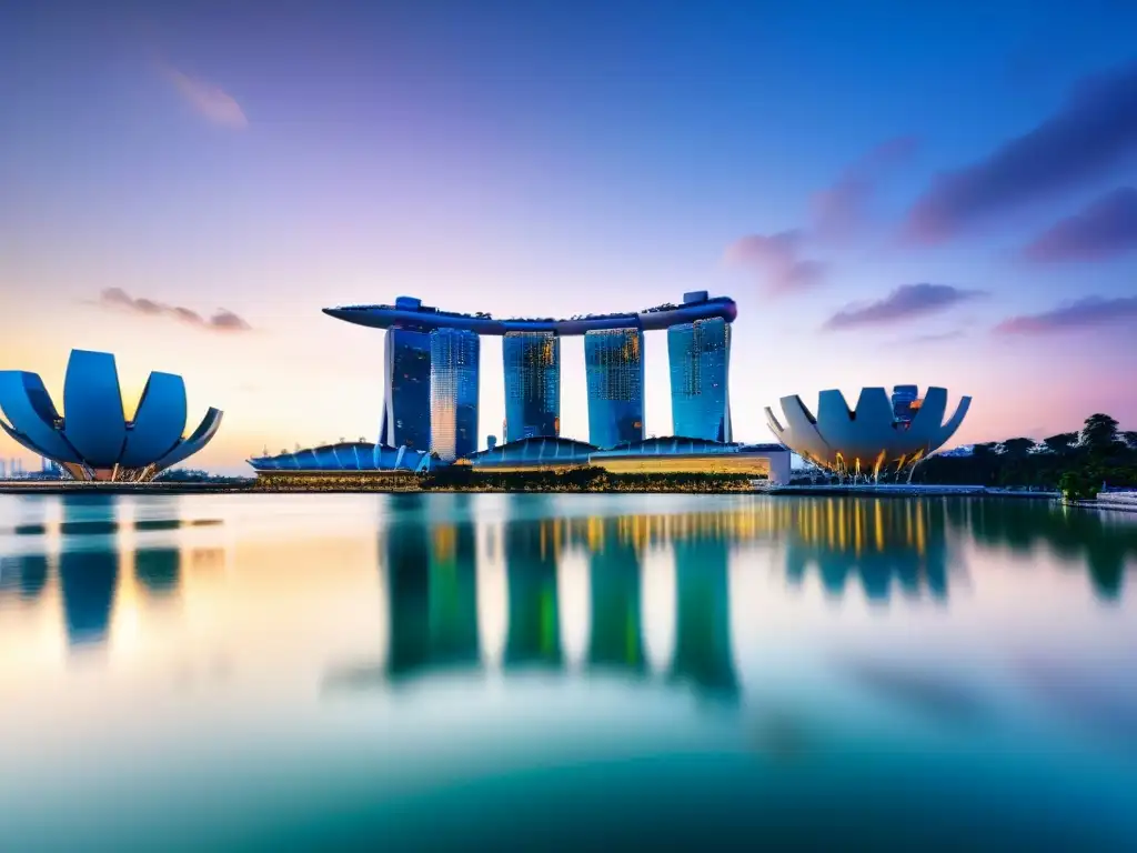 Atardecer en Singapur: Marina Bay y Supertree Grove en 8k Espectacular atardecer en Singapur, con el icónico Marina Bay Sands y los modernos Supertree Grove reflejándose en la bahía