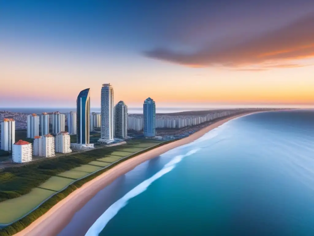Puesta de sol vibrante en Punta del Este: lujo y arquitectura en 8k Espectacular atardecer en Punta del Este, Uruguay, resaltando el boom inmobiliario y políticas gubernamentales