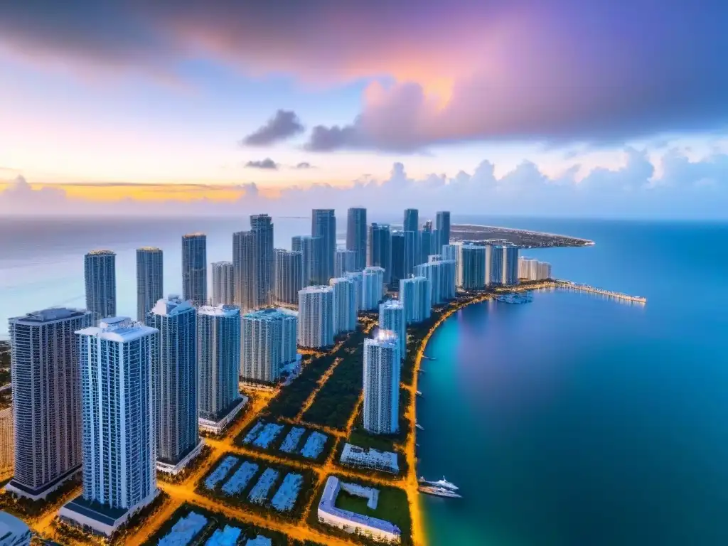 Espléndido atardecer en Miami: luces doradas sobre el skyline Espectacular atardecer en Miami, con sus rascacielos icónicos brillando bajo la cálida luz dorada