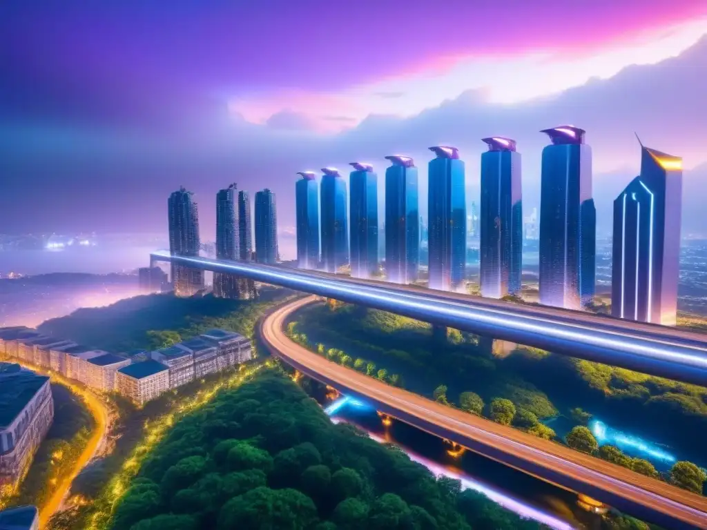 Metrópolis futurista en 8k: skyline vibrante y vanguardista al atardecer Espectacular ciudad futurista al anochecer con rascacielos relucientes y puentes aéreos, iluminada por luces de neón
