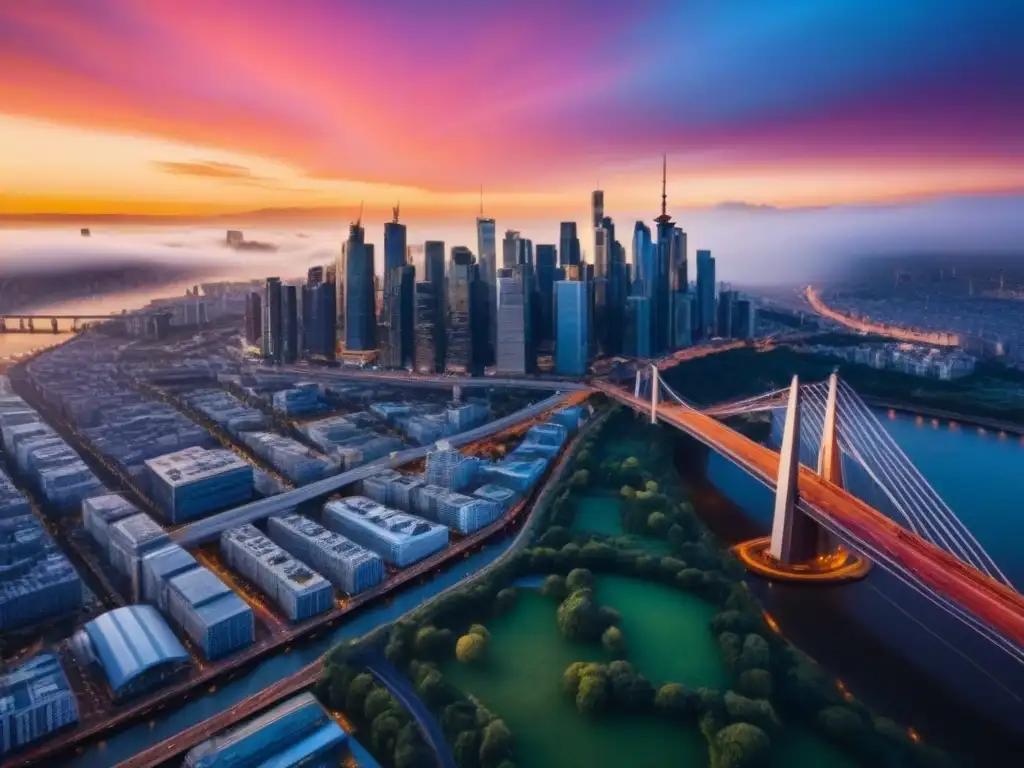 Horizonte urbano al atardecer: luces doradas sobre la ciudad Espectacular ciudad moderna al atardecer con seguros exclusión zonas riesgo análisis