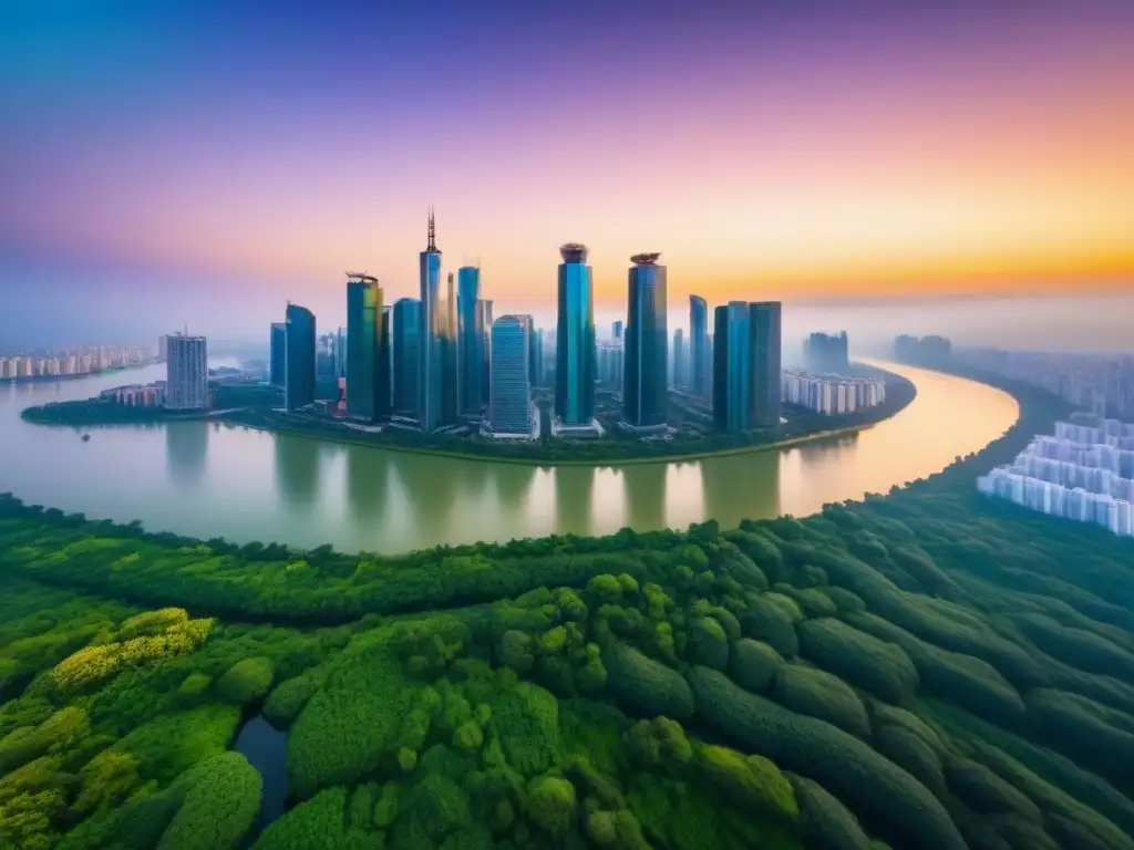 Espectacular ciudad moderna al atardecer: lujo urbano y potencial de inversión Espectacular ciudad moderna al atardecer con rascacielos reflejando tonos dorados, rodeada de vegetación y río