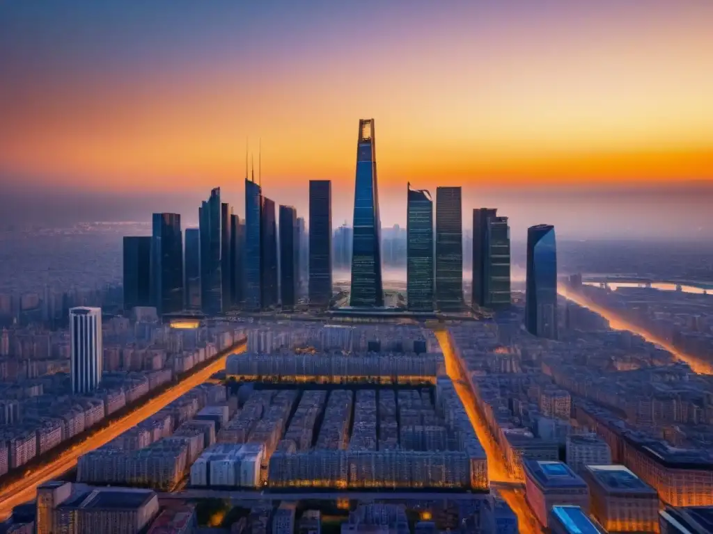 Horizonte dorado: inversión inmobiliaria en crecimiento Espectacular ciudad moderna al atardecer, reflejando estabilidad y crecimiento en inversiones inmobiliarias pese a fluctuaciones cambiarias