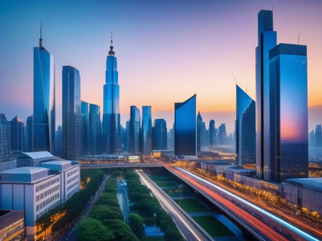 Horizonte urbano: ciudad futurista con energía global Espectacular ciudad nocturna con rascacielos iluminados y vallas publicitarias digitales, reflejando la energía urbana