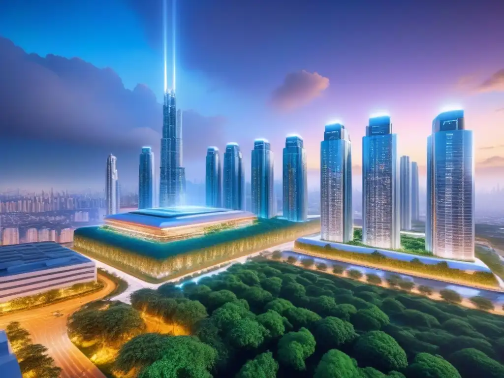 Desarrollo inmobiliario futurista: luces vibrantes y diseño innovador en 8k Un espectacular desarrollo inmobiliario internacional para inversores, con arquitectura vanguardista y luces vibrantes