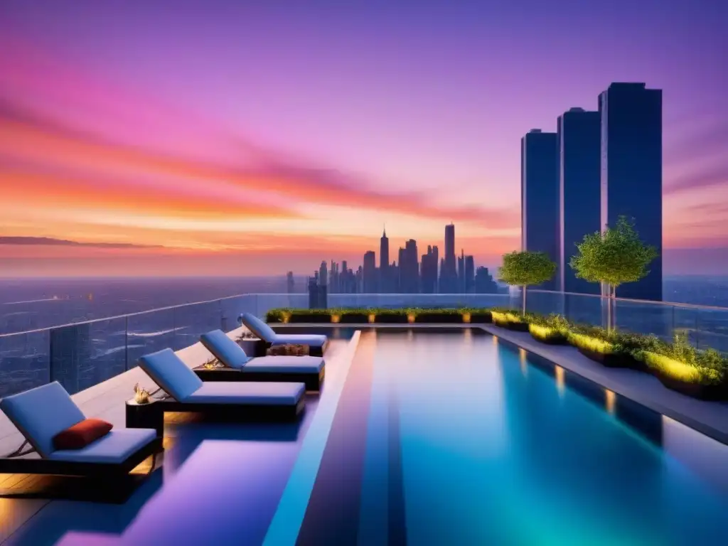 Edificio de lujo en la ciudad al atardecer Espectacular edificio de apartamentos de lujo rodeado de la bulliciosa ciudad al atardecer
