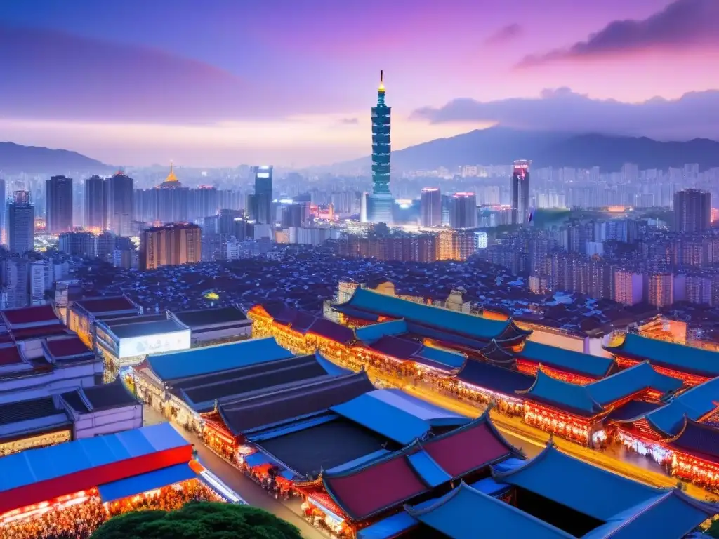 Skyline de Taipei al atardecer: luces, río y mercado nocturno Espectacular imagen en 8k del skyline de Taipei al anochecer con luces brillantes