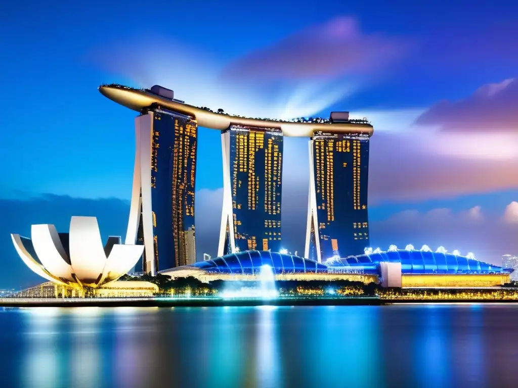 Marina Bay Sands: Arquitectura futurista y lujo nocturno en Singapur Espectacular Marina Bay Sands en Singapur, representación de innovaciones arquitectónicas en mercado inmobiliario